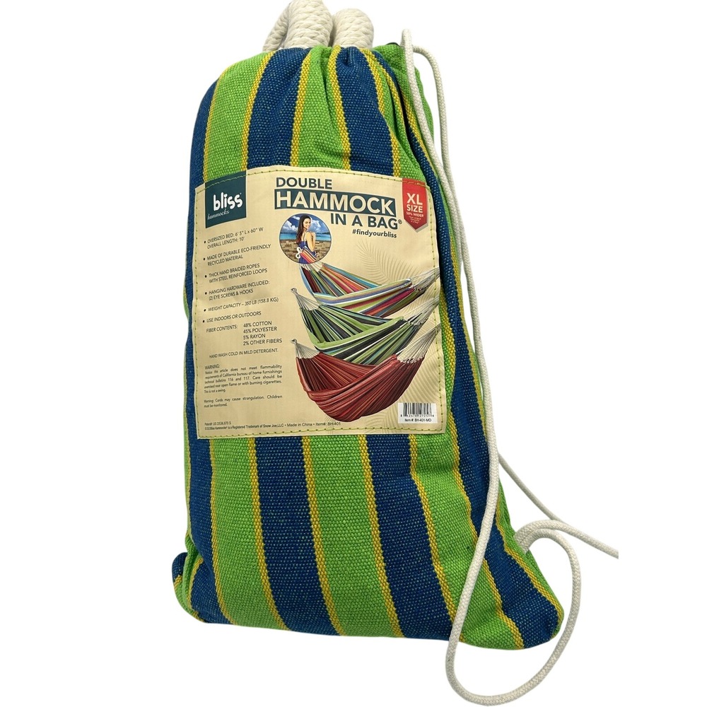 Bliss Hammocks Double Hammock in a Bag‎ XL Green Blue Striped New BH-401-MD